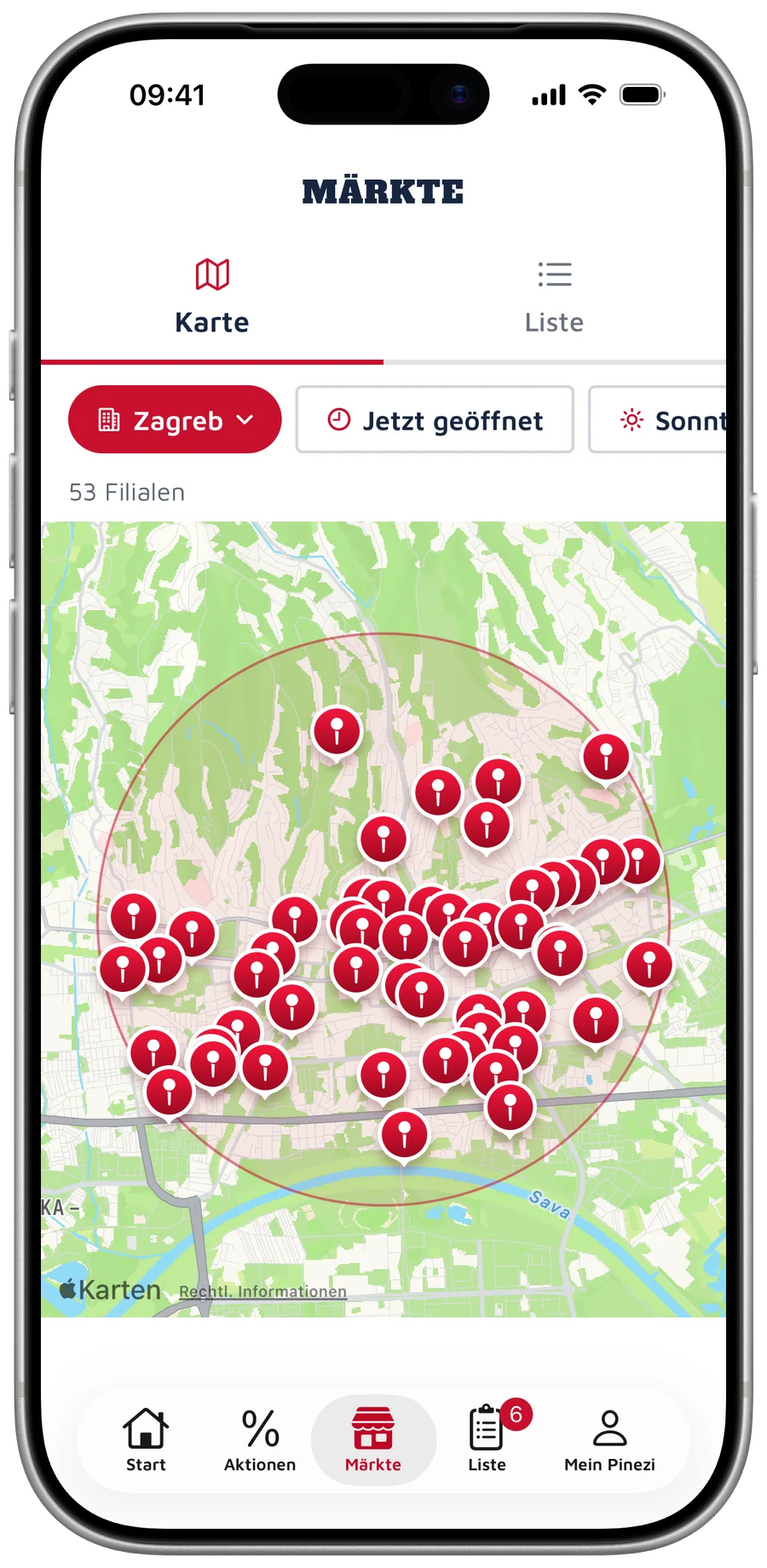 Ansicht „In der Nähe“ mit Karte der Märkte und Öffnungszeiten