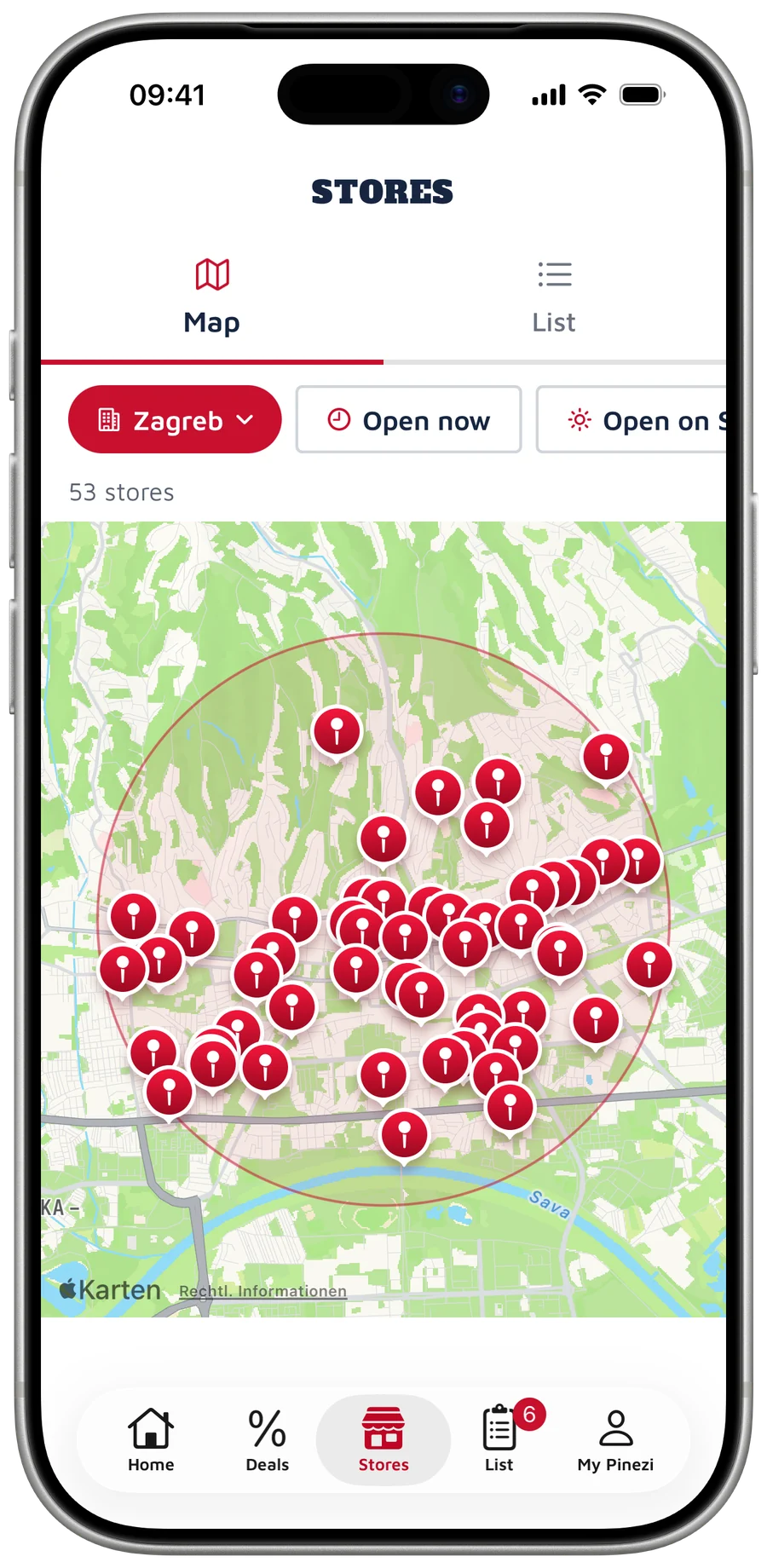 Nearby screen with a map of stores and opening hours
